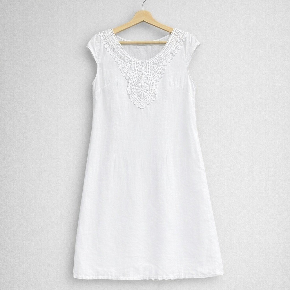 Lungo L'Arno White Linen Sleeveless Lace Trim Dress Small S Boho Coastal Summer
